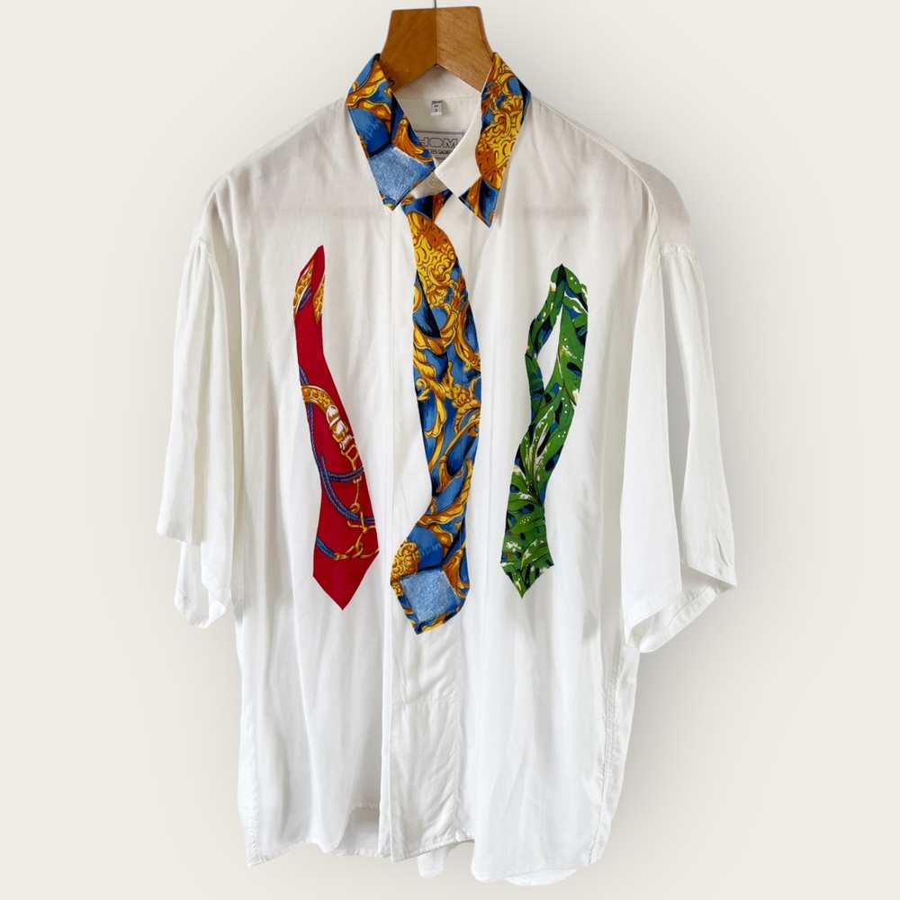 Vintage Hom La Mode Des Gagneurs Tie Print Shirt Size M 46” White Multi Quirky - Picture 1 of 10